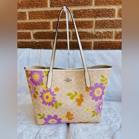 Coach Handbags - Coach Beige Floral Canvas Tote with Purple and Yellow Flowers
